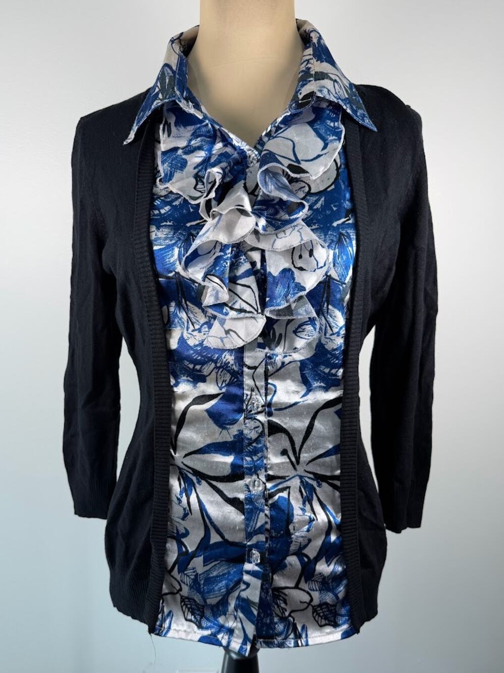 Dressbarn Womens 2-in-1 Cardigan Ruffle Blouse L Black Blue Satin 3/4 Sleeve